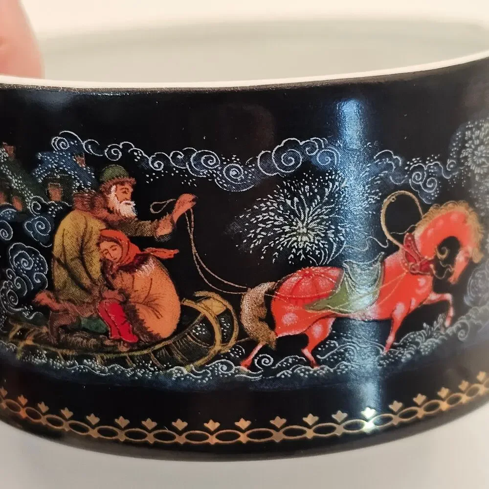Hand-painted 1990 Traditional Palekh Russian Folklore Trinket Box - Jewelry Box